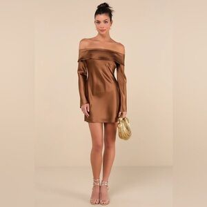 Lulus Luxurious Vision Brown Satin Off-the-Shoulder Mini Dress